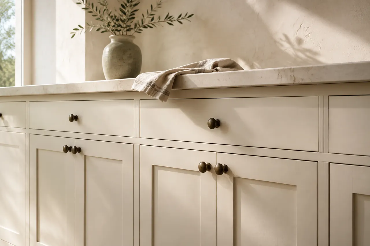 AI-generated design inspiration: warm white cabinet panels in soft daylight.